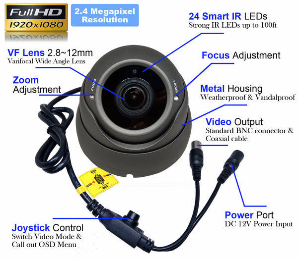 [1PV-2812TVD] 1stPV Security Dome Camera 2.8-12mm 2.4MP 1080P IR HD 4 in 1 TVI AHD CVI CVBS