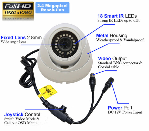 [1PV-28TFDW] 1stPV Security IR Dome Camera 2.8mm 2.4MP 4in1 HD-TVI/AHD/CVI/CVBS Analog In/Outdoor