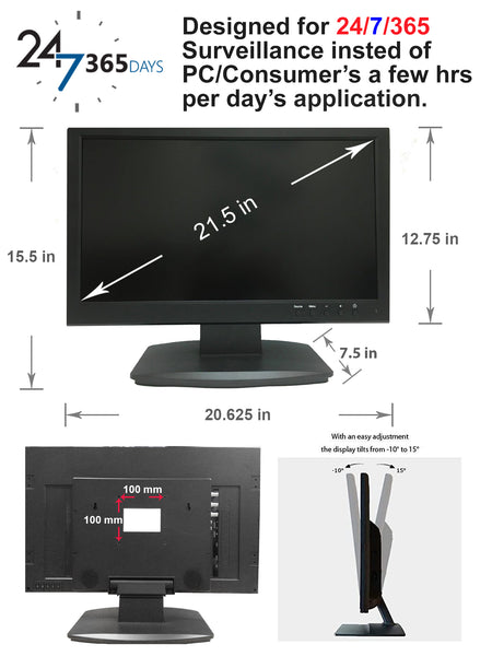 1stPV 21.5" HD-TVI,AHD,CVI/CVB Analog HD 16:9 LED Security Monitor 1x HDMI & 2X BNC Video Inputs CCTV DVR Home Office Surveillance System