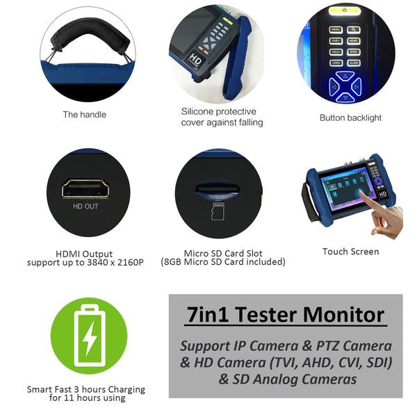 1stPV Tester Monitor 7inch 8MP 7in1 3840x2160 for IP, Standard Analog CVBS TVI/AHD/CVI