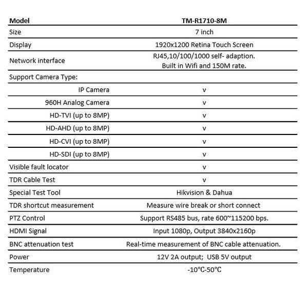 1stPV Tester Monitor 7inch 8MP 7in1 3840x2160 for IP, Standard Analog CVBS TVI/AHD/CVI